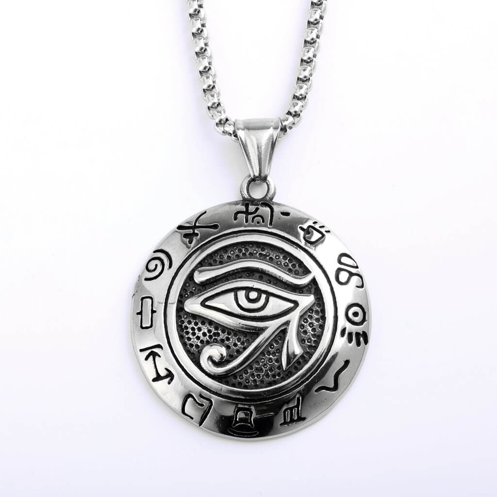Vintage Stainless Steel Men's Egyptian Eye of Horus Round Pendant Necklace