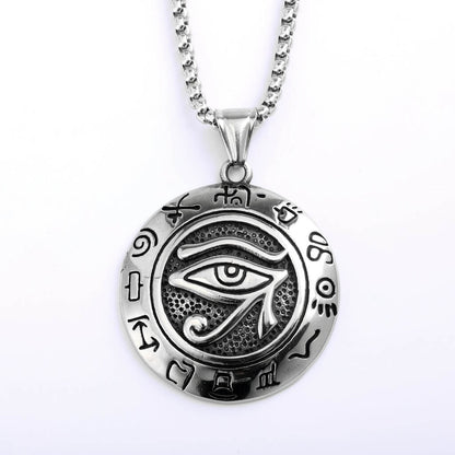Vintage Stainless Steel Men's Egyptian Eye of Horus Round Pendant Necklace