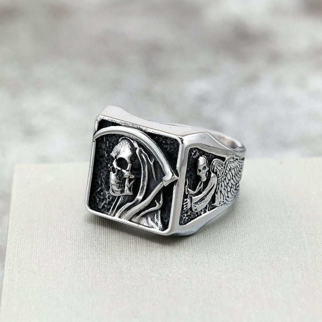 Vintage Stainless Steel Punk Solid Halloween Grim Reaper Skull Ring for Men