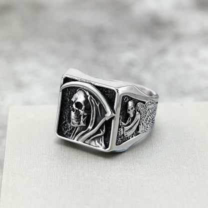 Vintage Stainless Steel Punk Solid Halloween Grim Reaper Skull Ring for Men