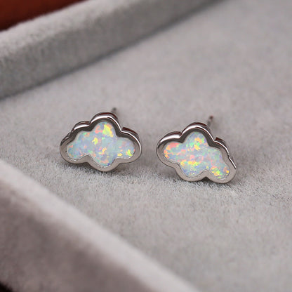Women's Cloud‑Shape Stud Earrings, Blue Opal / White Opal Inlay, with White Gold Plating