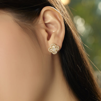 Women's Clover Halo Stud Earrings, Clear Zirconia, S925 with 18K Gold Plating