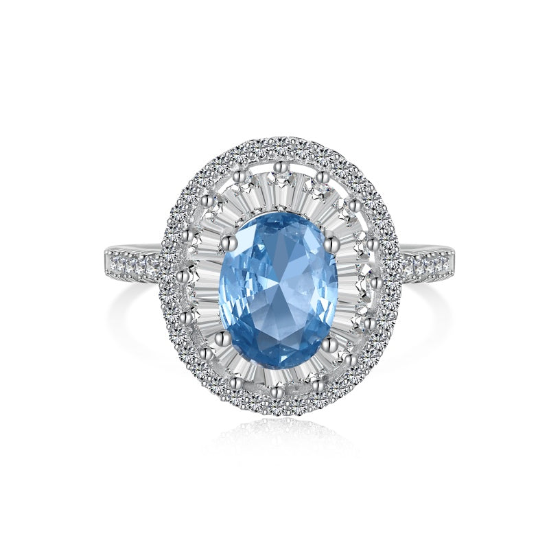 Women's Blue Oval Main Stone Inlaid White Round Zirconia Hollow Out Ring, S925 with White Gold Plating