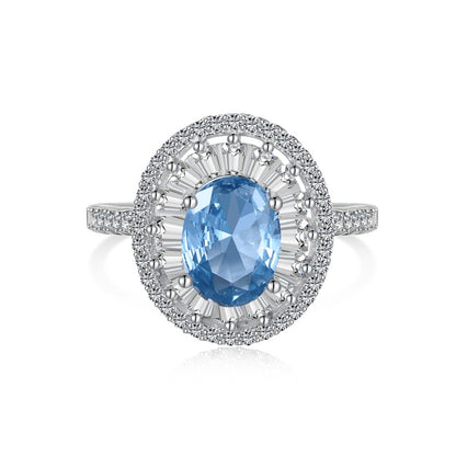 Women's Blue Oval Main Stone Inlaid White Round Zirconia Hollow Out Ring, S925 with White Gold Plating