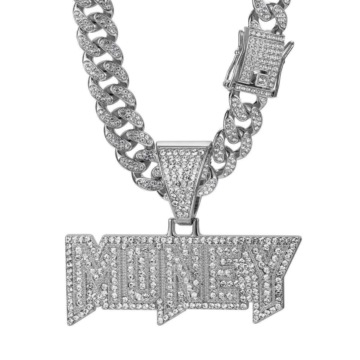 Hip-Hop Zircon-Encrusted Letters MONEY Cuban Chain Pendant Necklace
