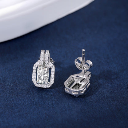Women's Geometric Frame Stud Earrings, Rectangular Center Zirconia With Paved Round Zirconia Halo, S925 with White Gold Platin
