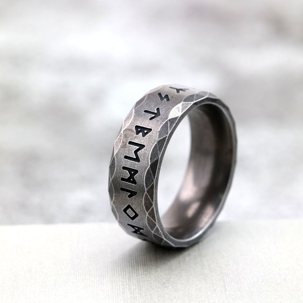 Vintage Antique Finish Stainless Steel Viking Rune Ring for Men