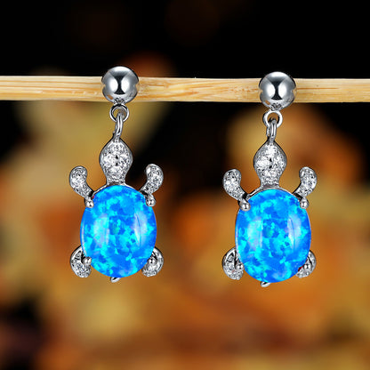 Women's Turtle Design Dangle Earrings Inlaid with Blue Opal, White Opal, Green Opal and Round Zirconia
