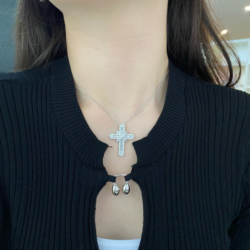 Women's Exquisite High‑end Cross Pendant Necklace, Starry Paved Zirconia Inlay, S925 with White Gold Plating