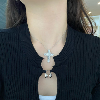 Women's Exquisite High‑end Cross Pendant Necklace, Starry Paved Zirconia Inlay, S925 with White Gold Plating