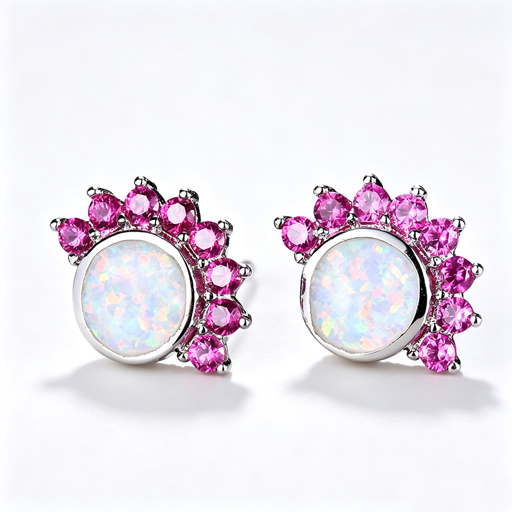 Women's Sunflower Halo White Opal With Color Sapphire Stud Earrings, White Gold Plating & Rose Gold Plating