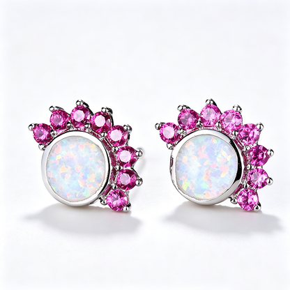 Women's Sunflower Halo White Opal With Color Sapphire Stud Earrings, White Gold Plating & Rose Gold Plating
