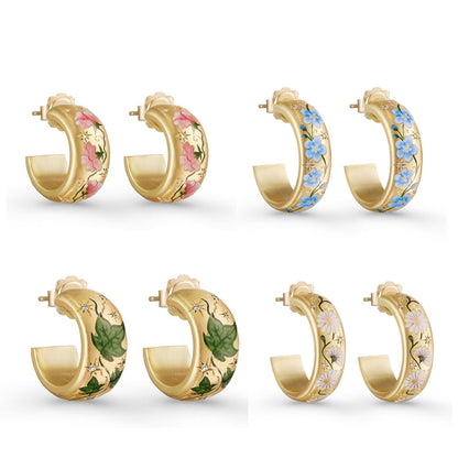 Women's Retro Palace‑Style Chinese Painted Flower Earrings, Steel with Gold Plating