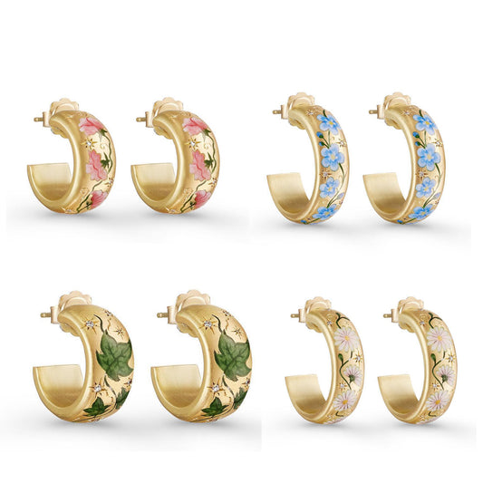 Women's Retro Palace‑Style Chinese Painted Flower Earrings, Steel with Gold Plating