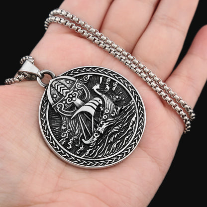 Mens Steel Vintage Viking Ship Double Sided Round Pendant Necklace