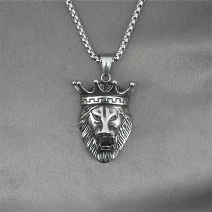 Men's Steel Crown Lion Head Vintage Animal Jewelry Pendant Necklace