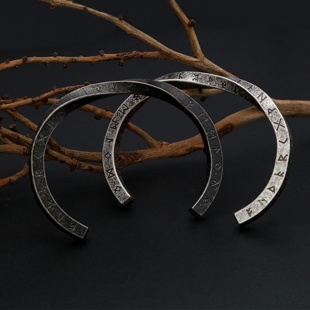 Men's Vintage Viking Letter Stainless Steel Open Cuff Bracelet, Personalized Versatile Titanium Steel Bangle