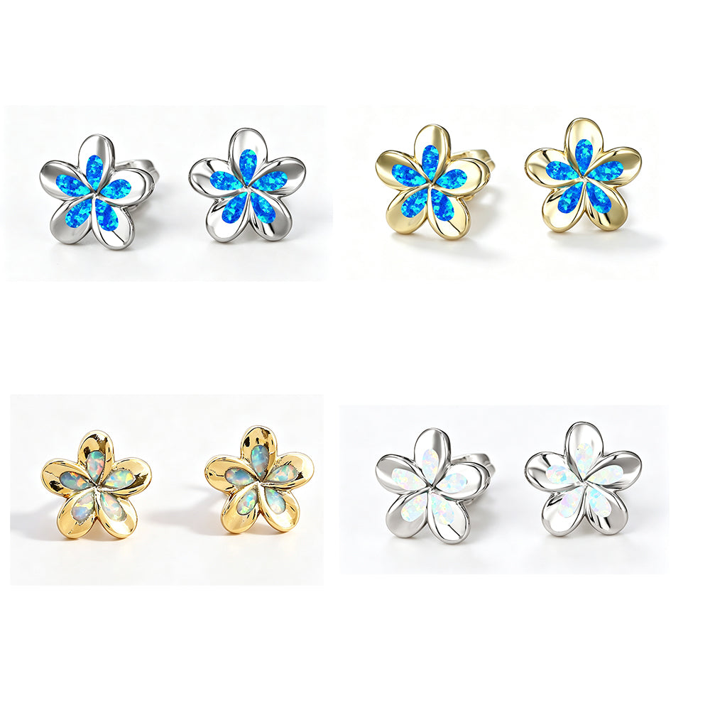 Women's 3D Five-Petal Flower Stud Earrings Inlaid With White & Blue Opal