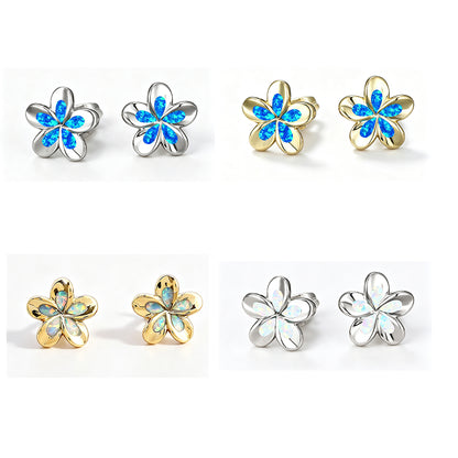 Women's 3D Five-Petal Flower Stud Earrings Inlaid With White & Blue Opal