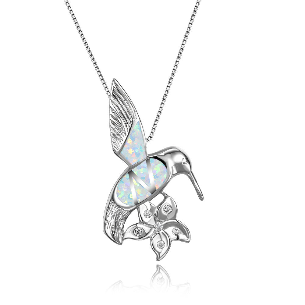 Opal bird + flower necklace