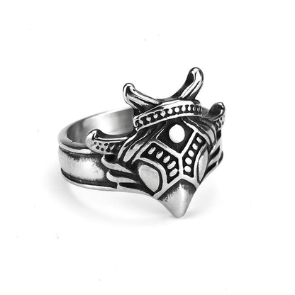 Vintage Solid Stainless Steel Nordic 3D Raven Mask Men's Ring With Viking Rune Wide Band
