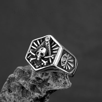 Vintage Solid Stainless Steel Wide Band Hexagon Masonic AG Skull Signet Ring for Men