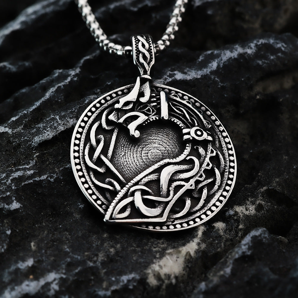Men's Steel Celtic Dragon Round Pendant Necklace