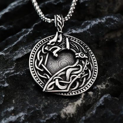 Men's Steel Celtic Dragon Round Pendant Necklace