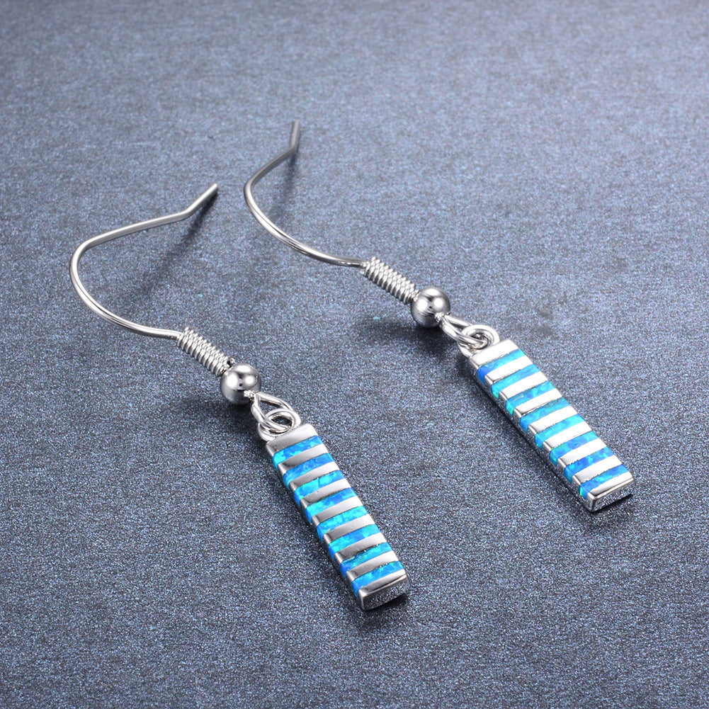 Women's Vertical Bar Inlaid Opal Dangle Hook Earrings, with White Gold Plating