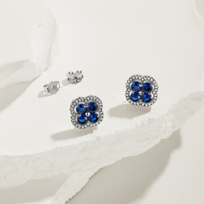 Women's Clover Halo Stud Earrings, Round Blue Sapphire, S925 with White Gold Plating