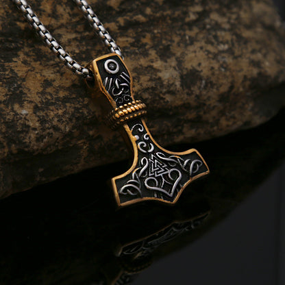 Mens Steel Mjolnir Valknut Pendant Necklace