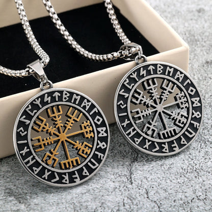 Vintage Stainless Steel Men's Viking Compass Double Sided Pendant Necklace