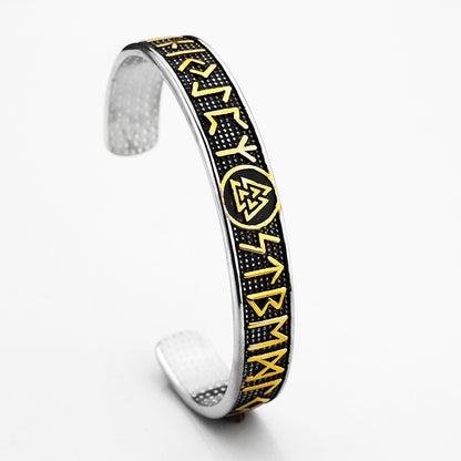 Men's Nordic Pirate Vintage Solid Stainless Steel Open C Cuff Bracelet, Engraved Viking Rune Symbols Adjustable Retro Bangle