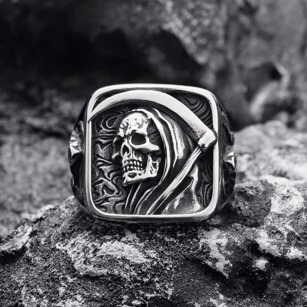 Vintage Stainless Steel Punk Solid Halloween Grim Reaper Skull Ring for Men