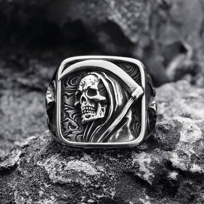 Vintage Stainless Steel Punk Solid Halloween Grim Reaper Skull Ring for Men