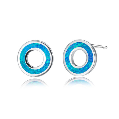 Women's Hollow Circle Stud Earrings, Blue Opal / White Opal Inlay, with White Gold Plating