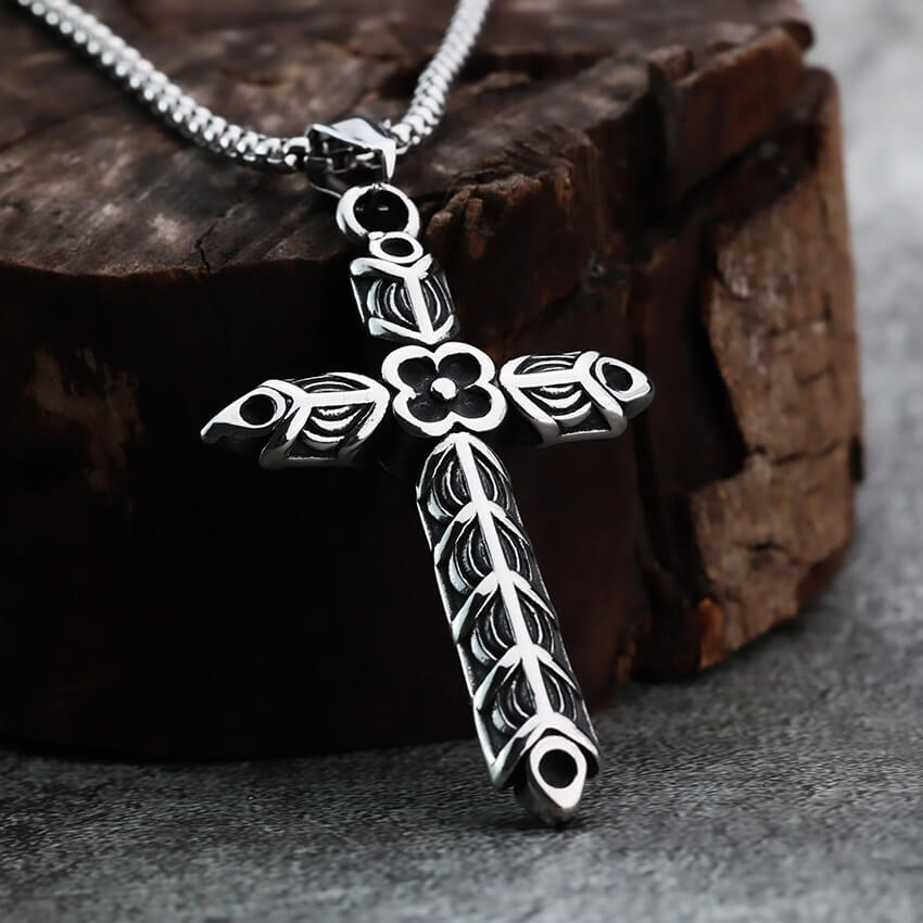 Vintage Stainless Steel Men's Double Sided Engraved Cross Pendant Necklace