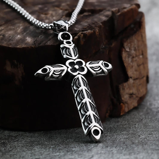 Vintage Stainless Steel Men's Double Sided Engraved Cross Pendant Necklace