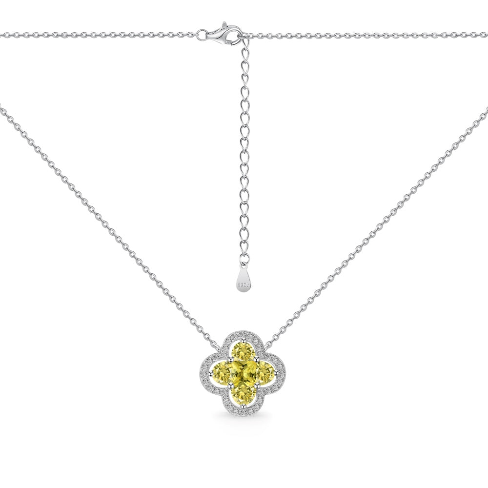 Women's Clover Pendant Necklace, D‑Shape Yellow Sapphire, S925 with White Gold Plating