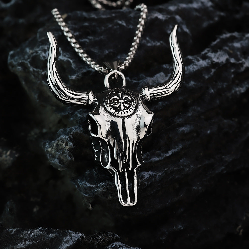 Vintage Stainless Steel Bull Head Pendant Necklace for Men