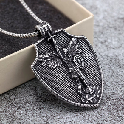Men's Steel Archangel Shield Pendant Necklace