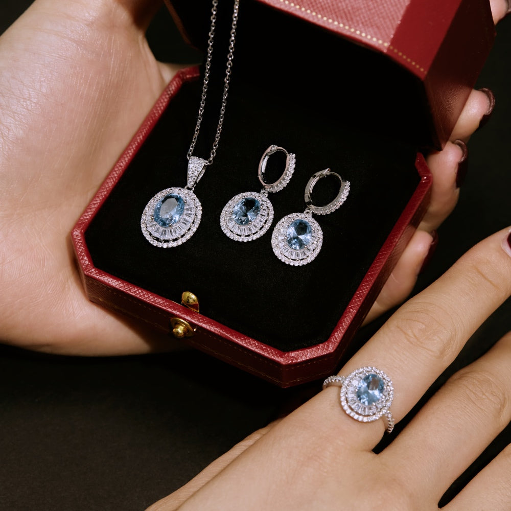Women's Hollow Pendant Necklace, Inlaid Oval Blue Zirconia, S925 with White Gold Plating