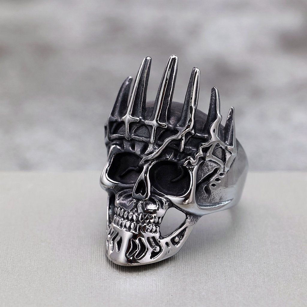 Vintage Solid Stainless Steel Punk Gothic Crown Skull Band Ring for Men
