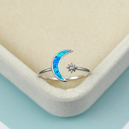 Women's Crescent Moon Shooting Star Opal with Zirconia Ring