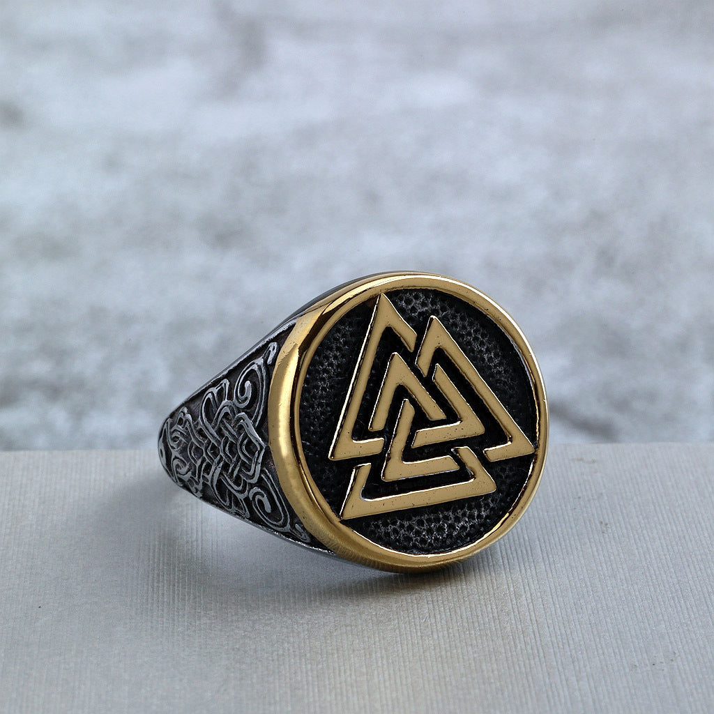 Vintage Stainless Steel Round Viking Triangle Symbol Engraved Ring for Men