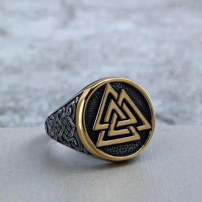 Vintage Stainless Steel Round Viking Triangle Symbol Engraved Ring for Men
