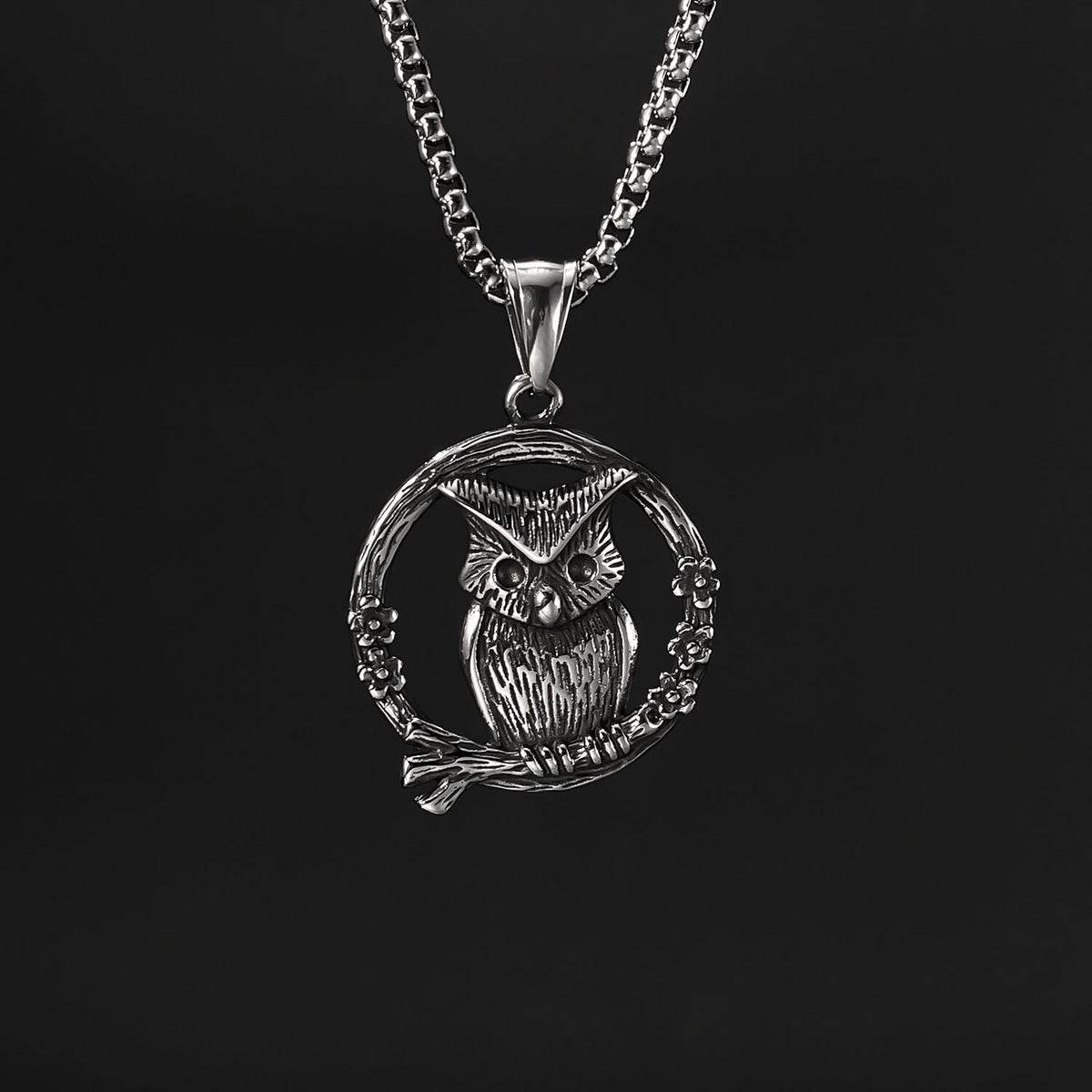 Men's Steel Owl Round Pendant Necklace