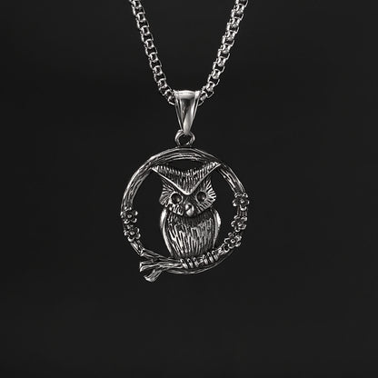 Men's Steel Owl Round Pendant Necklace