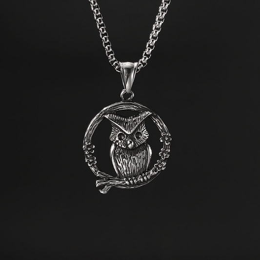 Men's Steel Owl Round Pendant Necklace