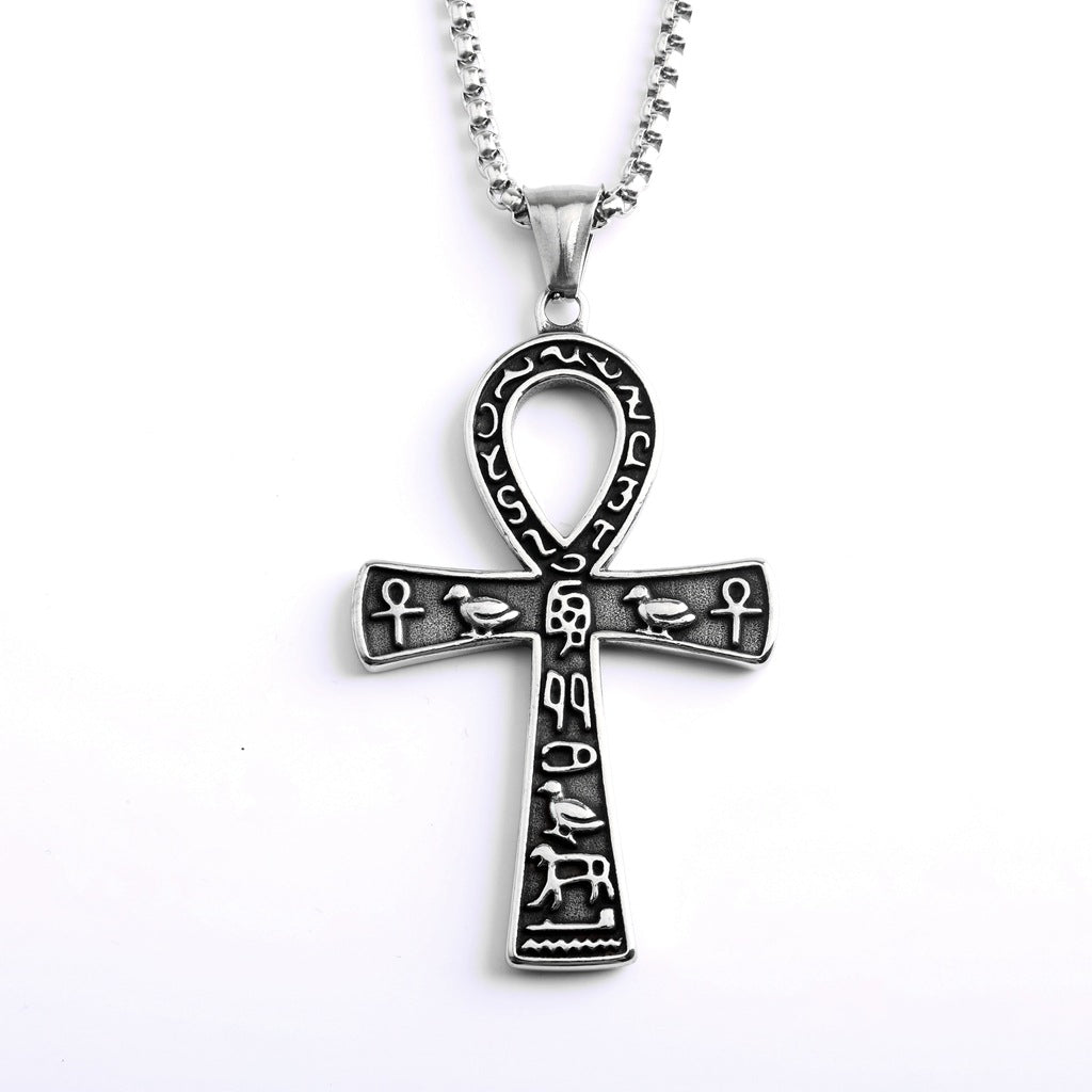 Men's Steel Egyptian Ankh Hieroglyph Pendant Necklace